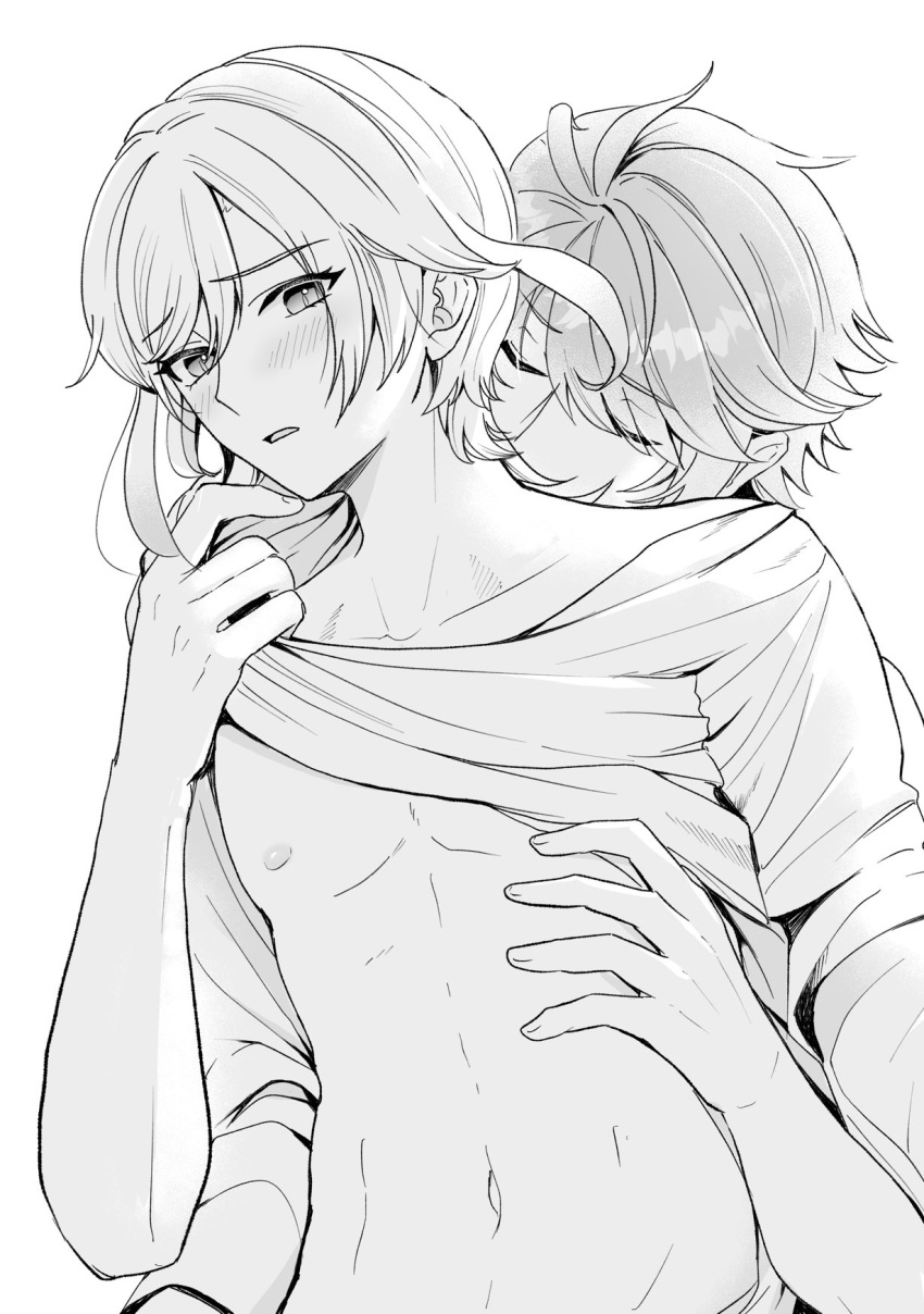 2boys alhaitham_(genshin_impact) closed_eyes clothes_lift from_behind genshin_impact greyscale highres kaveh_(genshin_impact) long_hair monochrome multiple_boys nassama233 navel nipples open_mouth shirt shirt_lift short_hair stomach t-shirt yaoi