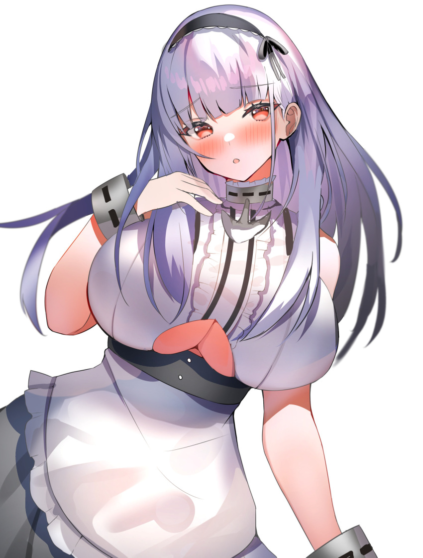 aa44 anchor_choker anchor_necklace apron azur_lane black_hairband breasts center_frills choker clothing_cutout dido_(azur_lane) dress_straps frilled_choker frills hairband hand_on_own_chest highres jewelry lace-trimmed_hairband lace_trim light_blush looking_at_viewer maid necklace red_eyes underboob underboob_cutout waist_apron white_apron white_background white_hair