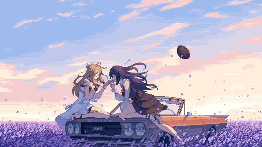 a-soul bella_(a-soul) black_dress black_hair blonde_hair blue_sky cat cloud cloudy_sky diana_(a-soul) dress flower hat high_heels highres kiss kissing_hand mitiglinide on_vehicle pixel_art ribbon sky white_dress white_ribbon