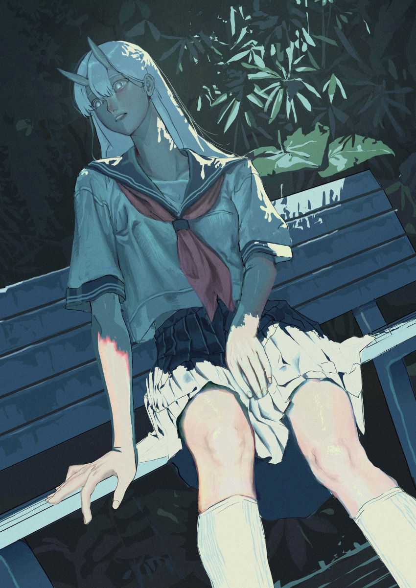 1girl absurdres bench between_legs blush double-parted_bangs feet_out_of_frame from_below hand_between_legs hand_on_bench highres horns kneehighs leaf light looking_to_the_side natari night nose_blush on_bench oni original outdoors parted_lips red_ribbon ribbon sailor school_uniform shadow short_sleeves sitting skirt socks solo white_eyes white_hair white_socks