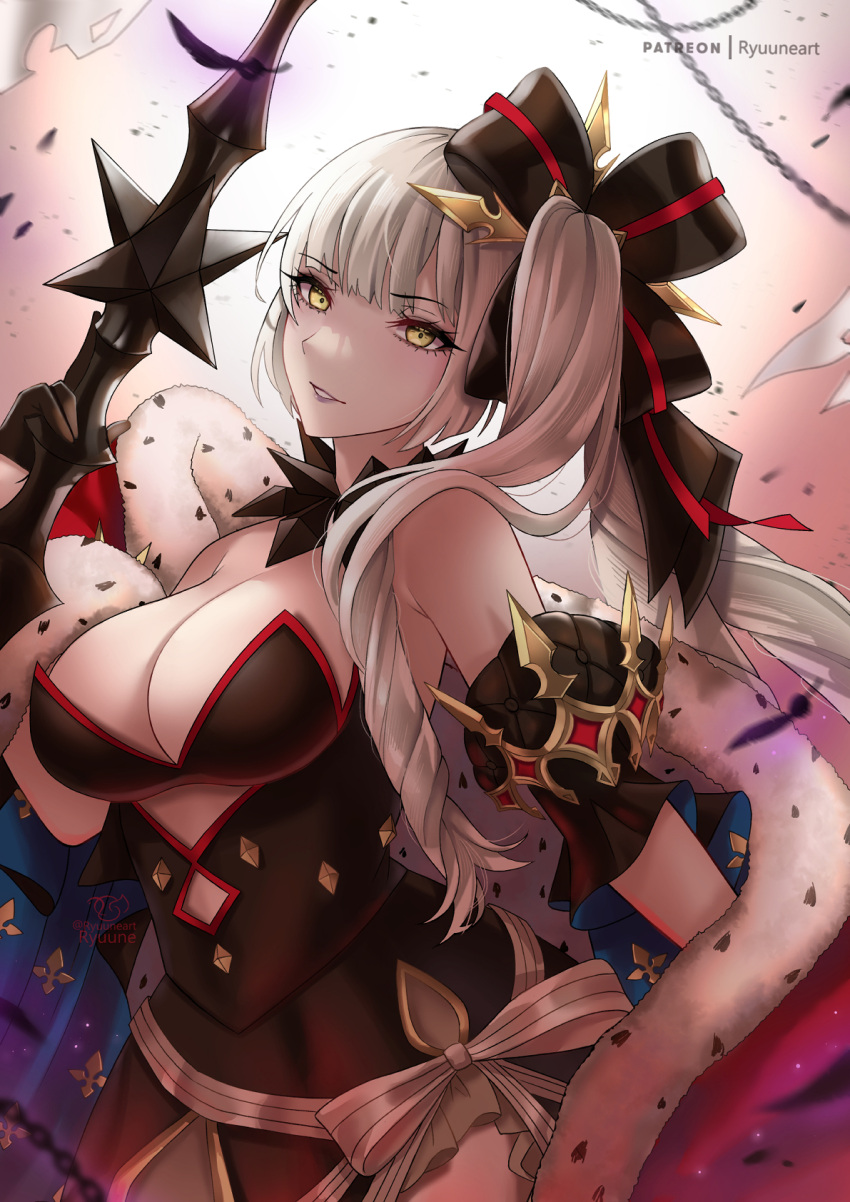 1girl bare_shoulders black_dress black_gloves breasts chain cleavage cloak detached_collar dress fate/grand_order fate_(series) fur-trimmed_cloak fur_trim gloves grin hair_ornament half_gloves highres large_breasts long_hair looking_at_viewer marie_antoinette_(alter)_(fate) marie_antoinette_(alter)_(third_ascension)_(fate) marie_antoinette_(fate) off_shoulder red_cloak ryuuneart side_ponytail smile solo very_long_hair weapon white_hair yellow_eyes