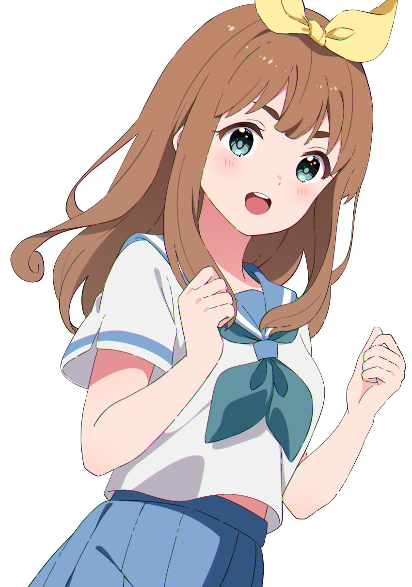 1girl :d absurdres blue_eyes blue_sailor_collar blue_skirt blush bow brown_hair green_neckerchief hair_bow hands_up hibike!_euphonium highres kitauji_high_school_uniform long_hair midriff_peek natsu12113 neckerchief open_mouth sailor_collar school_uniform serafuku simple_background skirt smile solo standing summer_uniform teeth tongue upper_body upper_teeth_only white_background yellow_bow yoshikawa_yuuko