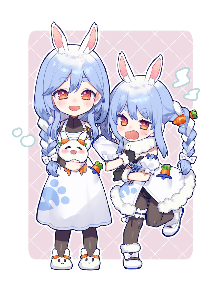 2girls absurdres animal_ear_fluff animal_ears apron blue_hair blush braid carrot_hair_ornament chiyomaru_(yumichiyo0606) food-themed_hair_ornament hair_ornament highres hololive long_hair looking_at_viewer mature_female mother_and_daughter multicolored_hair multiple_girls open_mouth pekomama rabbit_ears rabbit_girl red_eyes short_eyebrows smile thick_eyebrows twin_braids twintails two-tone_hair usada_pekora virtual_youtuber white_hair