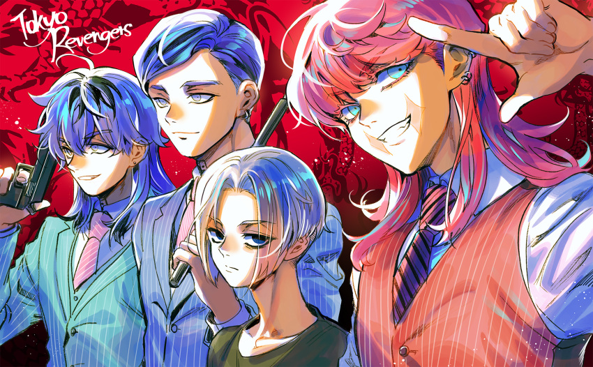 4boys aqua_eyes bae_(baebae) black_eyes blue_jacket closed_mouth collared_shirt ear_piercing expressionless from_side gesture green_shirt gun haitani_ran haitani_rindou highres holding holding_baton holding_gun holding_weapon jacket light_blue_jacket light_smile looking_ahead male_focus multicolored_hair multiple_boys neck_tattoo necktie piercing pink_hair pink_vest purple_eyes purple_hair purple_necktie red_background sano_manjirou sanzu_haruchiyo scar scar_on_face shirt smile streaked_hair striped_clothes suit swept_bangs tattoo teeth tokyo_revengers vest weapon white_hair white_shirt