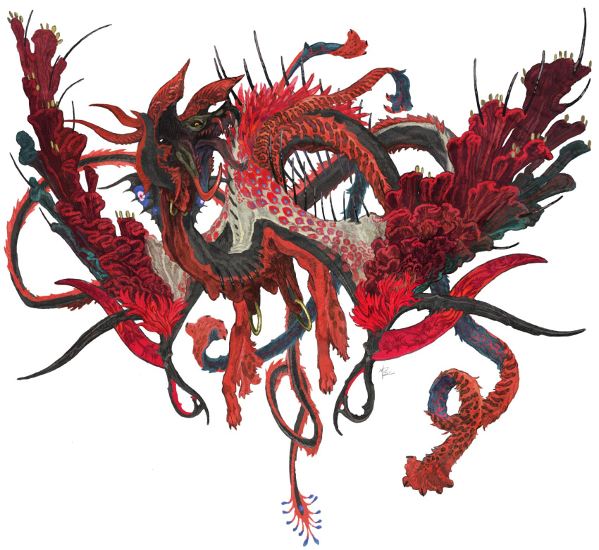 animal_focus aokarasu_punko commentary fins from_side highres horns looking_at_viewer mixed_horns monster multiple_horns multiple_tails no_humans open_mouth original red_horns red_teeth sharp_teeth simple_background solo spikes tail teeth tongue white_background wings yellow_eyes