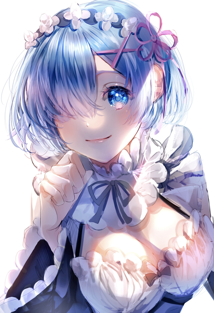 1girl absurdres blue_eyes blue_hair breasts cleavage closed_mouth flower grey_ribbon hair_flower hair_ornament hair_over_one_eye hair_ribbon head_wreath highres long_sleeves looking_at_viewer medium_breasts neck_ribbon pinapo_25 pink_ribbon re:zero_kara_hajimeru_isekai_seikatsu rem_(re:zero) ribbon short_hair simple_background sketch smile solo upper_body white_background white_flower x_hair_ornament