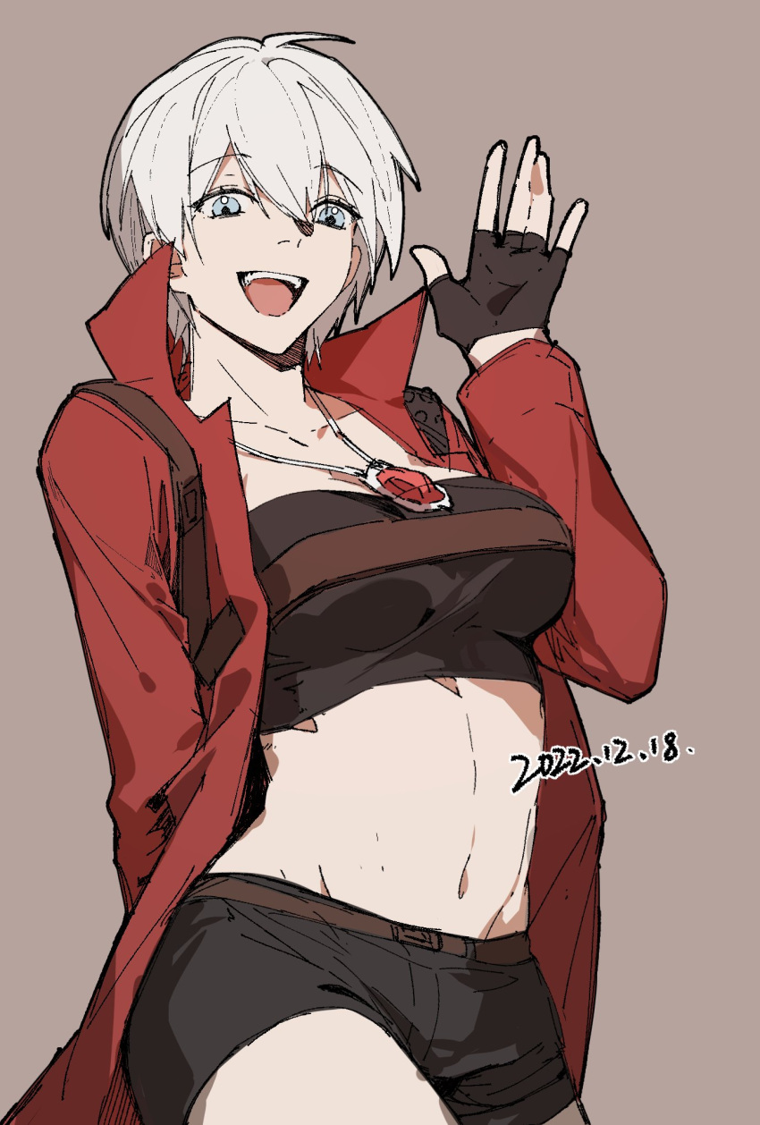 1girl belt_bra black_shorts blue_eyes blush breasts coat cowboy_shot dante_(devil_may_cry) denim denim_shorts devil_may_cry_(series) devil_may_cry_3 fingerless_gloves genderswap genderswap_(mtf) gloves hair_between_eyes highres jewelry jiemojiemo long_sleeves looking_at_viewer midriff navel necklace open_clothes open_coat open_mouth red_coat short_shorts shorts simple_background smile solo stomach teeth upper_teeth_only white_hair