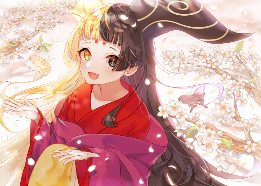 1girl amazakura bemani black_eyes black_hair blonde_hair blunt_bangs blush branch bug butterfly cherry_blossoms fang flower heterochromia horns japanese_clothes kimono long_hair looking_at_viewer multicolored_hair open_mouth slit_pupils solo split-color_hair two-tone_hair vajra_(reflec_beat) very_long_hair yellow_eyes