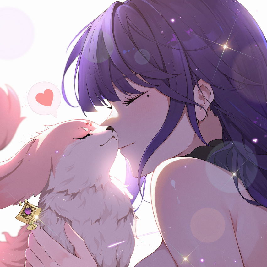 1girl absurdres animal_ears animal_nose blunt_bangs closed_eyes closed_mouth earrings from_side genshin_impact heart highres jewelry light_rays mole mole_under_eye purple_hair raiden_shogun simple_background single_bare_shoulder sparkle spoken_heart sunbeam sunlight tail white_background yae_miko yae_miko_(fox) zhutou_333