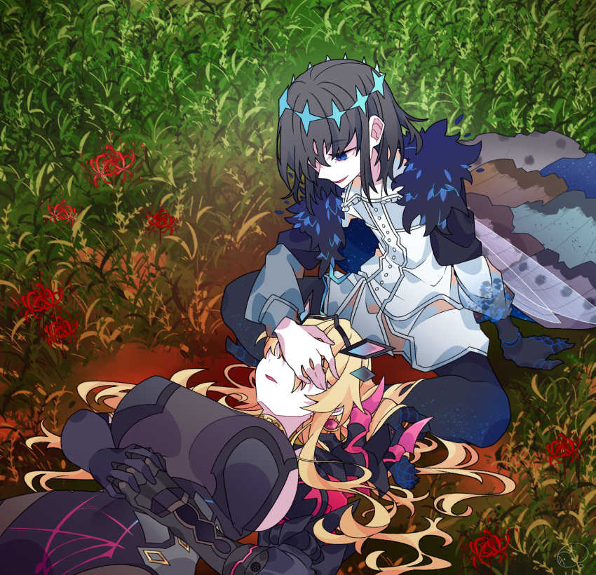 1boy 1girl absurdres armor arthropod_boy barghest_(fate) barghest_(second_ascension)_(fate) black_dress black_gloves black_hair blonde_hair blue_eyes breasts brown_pantyhose bug cape chain cloak collared_shirt crown diamond_hairband dragonfly_wings dress fate/grand_order fate_(series) fur-trimmed_cape fur-trimmed_cloak fur_trim gauntlets gloves highres horns insect_wings jewelry kujiramaru large_breasts long_hair long_sleeves male_focus medium_hair muscular muscular_female oberon_(fate) oberon_(third_ascension)_(fate) official_alternate_hair_color pantyhose pauldrons pelvic_curtain shirt shoulder_armor sideboob single_gauntlet single_pauldron smile white_shirt wing_cape wings