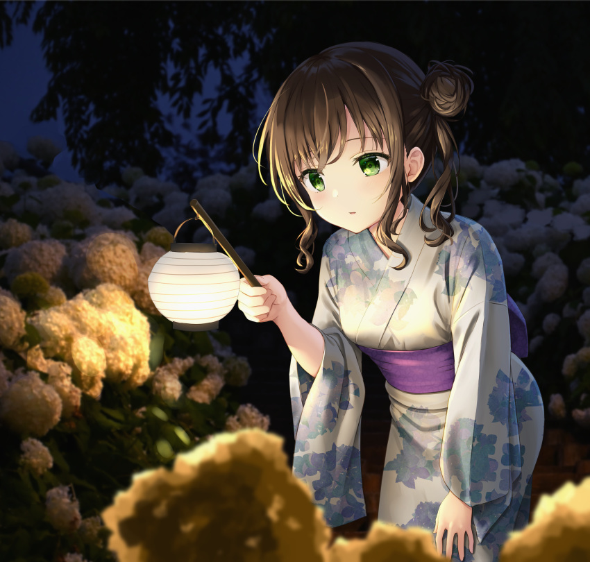 1girl absurdres blue_kimono breasts brown_hair bush commentary_request floral_print_kimono flower green_eyes hair_bun highres holding holding_lantern japanese_clothes kimono lantern leaning_forward long_sleeves medium_breasts medium_hair night obi original parted_lips purple_sash sash side_ponytail sidelocks single_side_bun solo wide_sleeves yutuki_ame