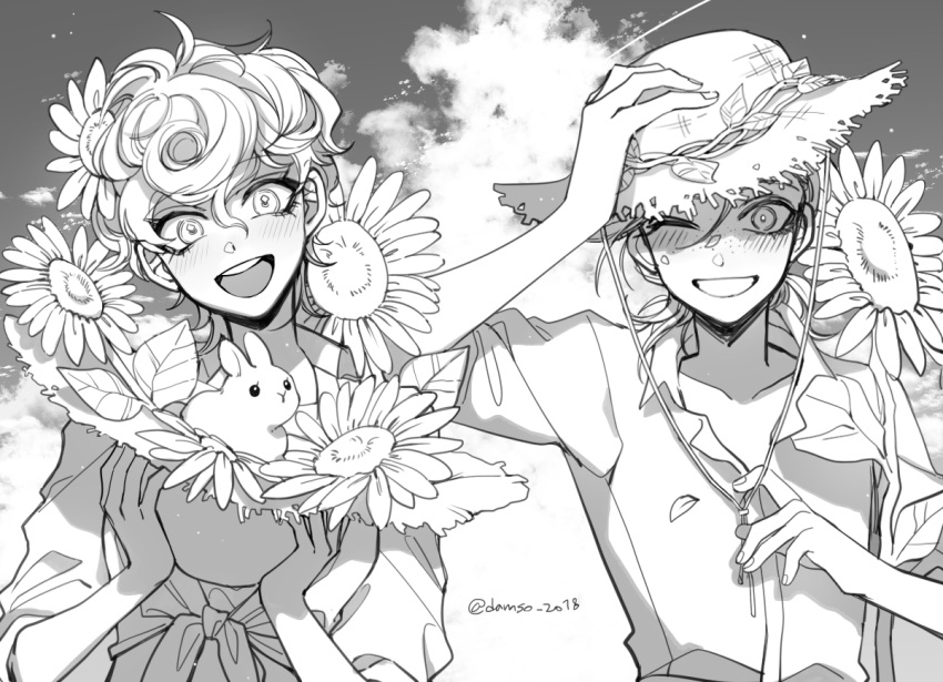 1boy 1girl blush commentary_request flower freckles greyscale grin hand_on_own_head hat holding holding_clothes holding_hat jojo_no_kimyou_na_bouken monochrome one_eye_closed open_mouth petals sempon_(doppio_note) short_hair smile sun_hat sunflower trish_una twitter_username vento_aureo vinegar_doppio