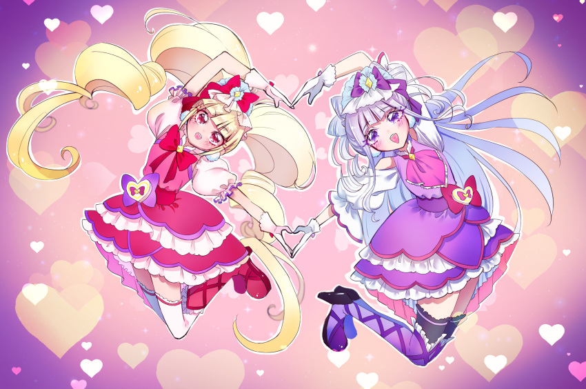 2girls aisaki_emiru ascot black_thighhighs blonde_hair blunt_bangs boots bow bowtie clothing_cutout commentary cure_amour cure_macherie dress dress_bow earrings frilled_dress frilled_sleeves frills hat hat_bow heart heart_arms_duo heart_background high_heel_boots high_heels highres hugtto!_precure jewelry knee_boots layered_dress legs_up long_hair looking_at_viewer magical_girl miisu_(minirose) mob_cap multiple_girls open_mouth precure puffy_short_sleeves puffy_sleeves purple_ascot purple_bow purple_dress purple_eyes purple_footwear purple_hair red_bow red_bowtie red_dress red_eyes red_footwear ruru_amour short_sleeves shoulder_cutout smile thigh_boots thighhighs very_long_hair white_hat white_thighhighs