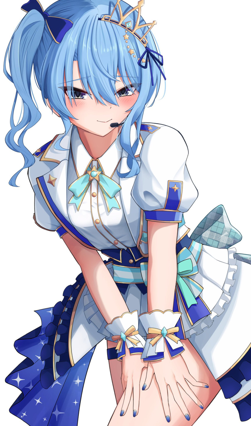 1girl blue_eyes blue_hair blue_nails blush collared_shirt cropped_jacket earpiece highres hiiragi_melt hololive hololive_idol_uniform_(bright) hoshimachi_suisei jacket looking_at_viewer nail_polish official_alternate_costume shirt skirt smile solo star_(symbol) star_in_eye symbol_in_eye virtual_youtuber white_jacket white_shirt white_skirt