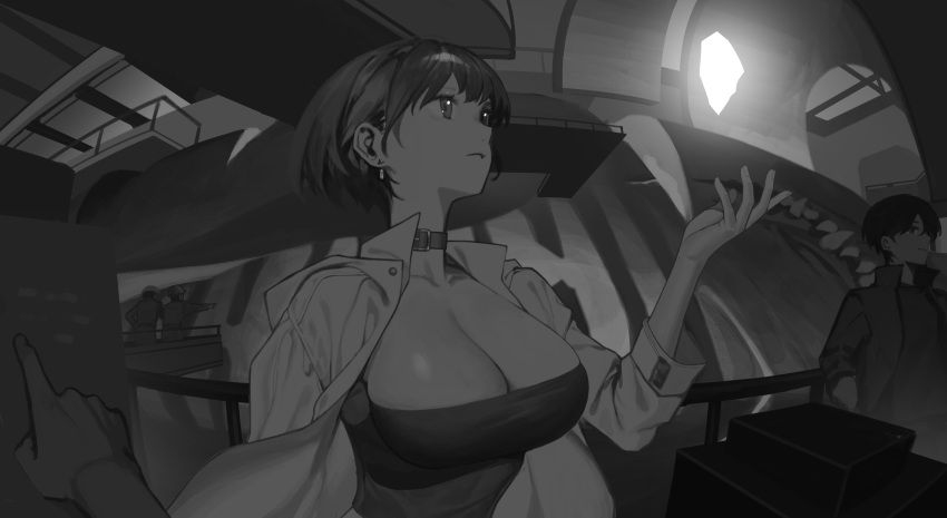 1girl absurdres breasts choker cleavage closed_mouth coat earrings highres izsly jewelry large_breasts looking_to_the_side monochrome original perspective pointing railing short_hair solo_focus strapless tube_top