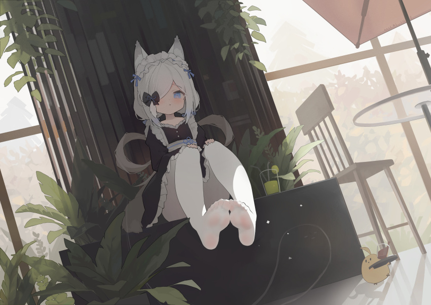 1girl :&lt; absurdres alternate_costume animal_ear_fluff animal_ears artist_name azur_lane black_bow black_dress blue_bow blue_eyes bow chair chinese_commentary closed_mouth commentary_request dress drink drinking_straw enmaided feet foot_focus fox_ears fox_girl fox_tail full_body glass hair_bow hair_over_one_eye highres kasumi_(azur_lane) kasumi_1118 light_blush light_particles low_twintails maid maid_headdress manjuu_(azur_lane) obi obijime outdoors pantyhose petticoat sash soles solo swept_bangs table tail toes twintails umbrella wa_maid white_pantyhose