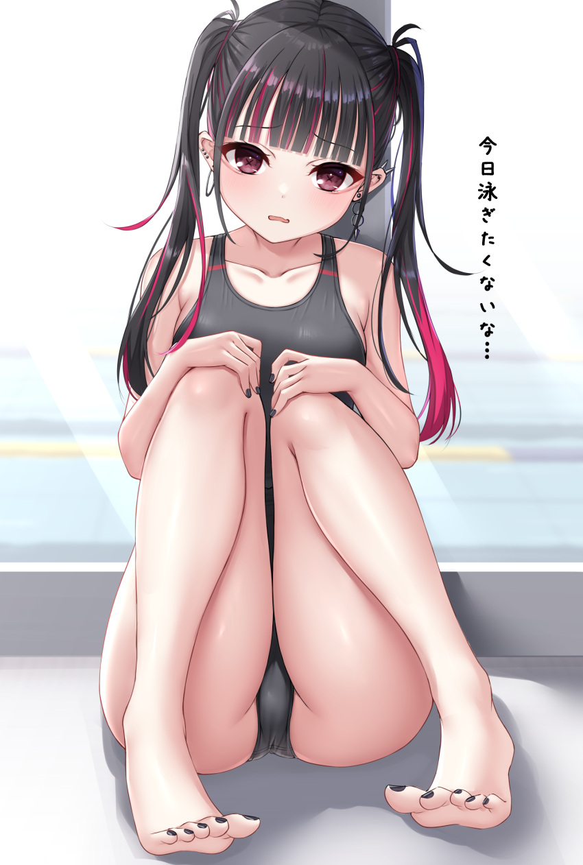 1girl armpit_crease bare_arms bare_legs bare_shoulders barefoot black_hair black_nails black_one-piece_swimsuit blunt_bangs blush brown_eyes collarbone commentary_request competition_swimsuit curvy ear_piercing earrings eyelashes feet full_body gyaru hands_on_own_knees highleg highleg_swimsuit highres hoop_earrings hugging_own_legs indoors jewelry knees_together_feet_apart legs long_hair multicolored_hair nail_polish ncontrail_(mgax7527) one-piece_swimsuit open_mouth original piercing poolside red_hair shiny_skin shy sitting solo straight_hair streaked_hair stud_earrings swimsuit symbol-shaped_pupils thighs toenail_polish toenails toes translation_request tsurime twintails x-shaped_pupils