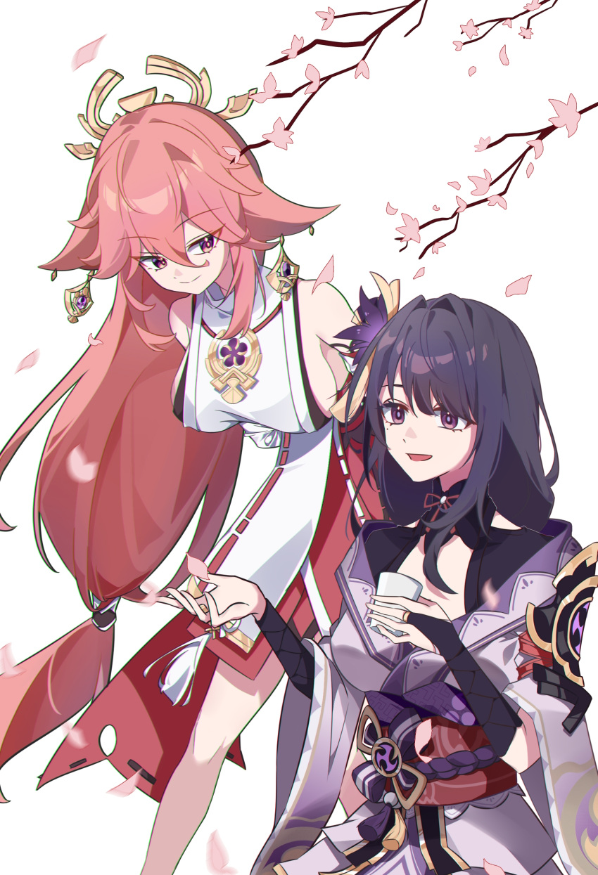 2girls absurdres animal_ears arms_behind_back bare_shoulders blunt_bangs breasts cherry_blossoms closed_mouth cup earrings falling_petals genshin_impact hair_between_eyes hair_ornament hand_up headpiece highres holding holding_cup japanese_clothes jewelry leaning_forward light_smile long_hair looking_to_the_side looking_up mitsudomoe_(shape) mole mole_under_eye multiple_girls open_mouth pendant petals purple_eyes purple_hair raiden_shogun sideboob simple_background sitting standing teacup tomoe_(symbol) white_background xingbaiwww1567 yae_miko yuri