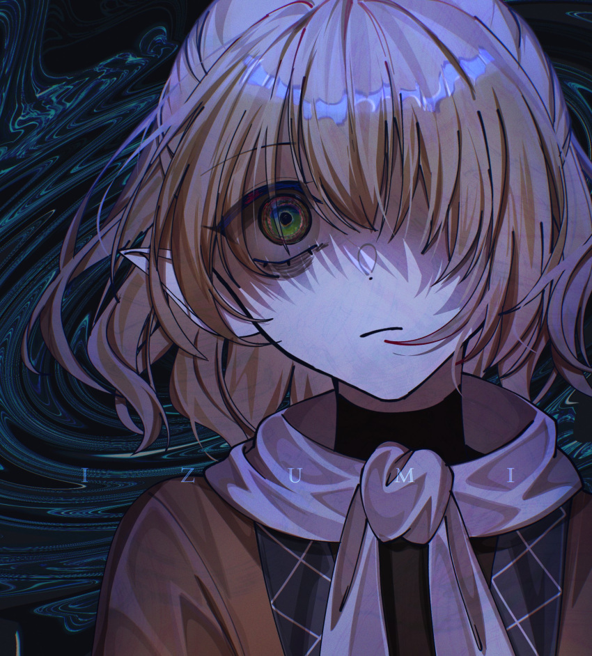 1girl abstract_background bags_under_eyes black_shirt blonde_hair brown_shirt closed_mouth commentary frown green_eyes hair_between_eyes hair_over_one_eye highres izumi_481 long_bangs mizuhashi_parsee parsee_day pointy_ears scarf shirt short_hair solo touhou undershirt upper_body white_scarf