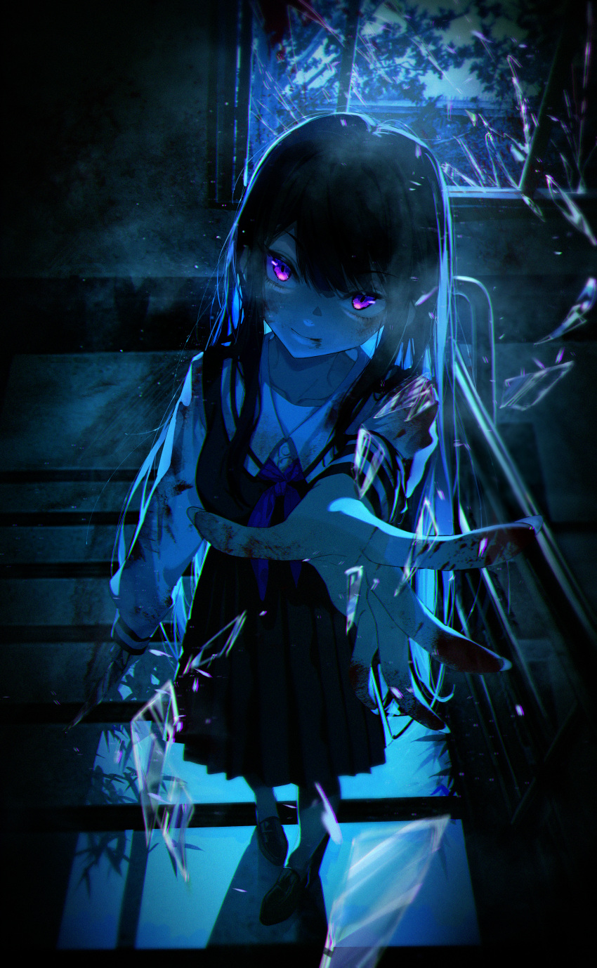 1girl absurdres backlighting black_hair blood blood_on_clothes blood_on_face blood_on_hands blue_neckerchief broken_glass broken_window chromatic_aberration closed_mouth dark de_yi fingernails full_body glass glowing glowing_eyes head_tilt highres holding holding_knife indoors knife light_smile long_hair long_sleeves looking_at_viewer neckerchief night original outstretched_arm pleated_skirt purple_eyes reaching reaching_towards_viewer sailor_collar school_uniform serafuku shirt shoes sidelocks skirt solo spread_fingers stairs standing white_sailor_collar white_shirt window yandere