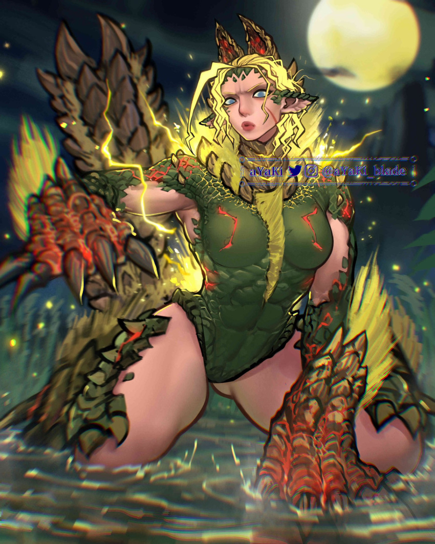 apex_zinogre ayaki_blade blonde_hair cammy_white claws cloud highres lightning lipstick makeup monster_hunter_(series) moon muscular muscular_female night night_sky parody pointy_ears scales scar scar_on_face sky street_fighter water zinogre