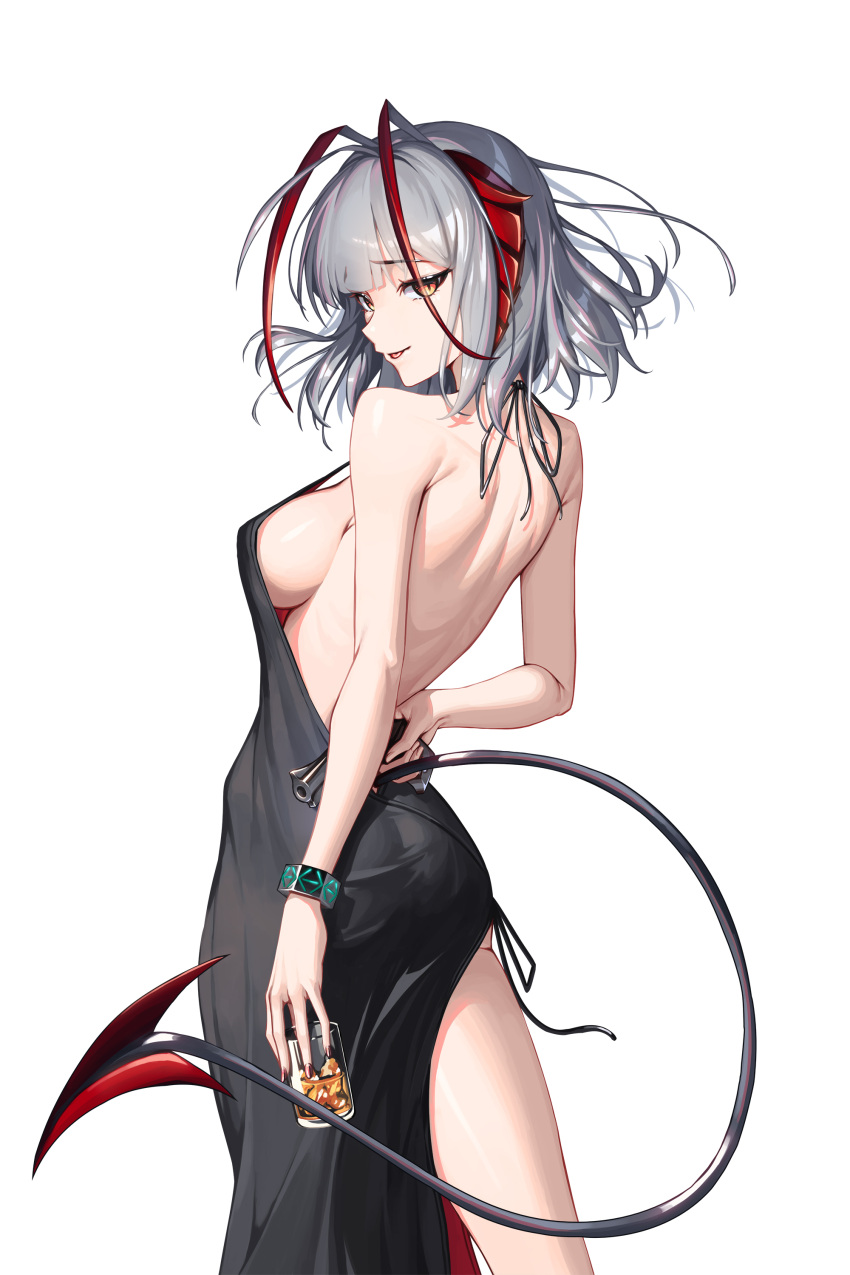 1girl :p absurdres ahoge alternate_costume antennae arknights backless_dress backless_outfit bare_back bare_shoulders black_dress bowlp breasts commentary cowboy_shot cup demon_tail dress drinking_glass grey_hair highres holding holding_cup horns large_breasts looking_at_viewer orange_eyes short_hair sleeveless sleeveless_dress solo standing tail thighs tongue tongue_out w_(arknights)