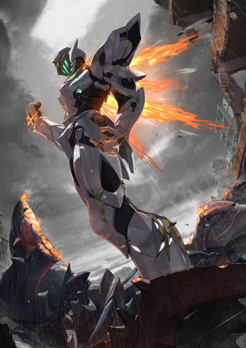 1other armor breastplate burning debris fire gloves glowing_headgear green_light helmet highres honkai:_star_rail honkai_(series) looking_at_viewer meda outdoors pauldrons rain ruins sam_(honkai:_star_rail) shoulder_armor solo white_armor