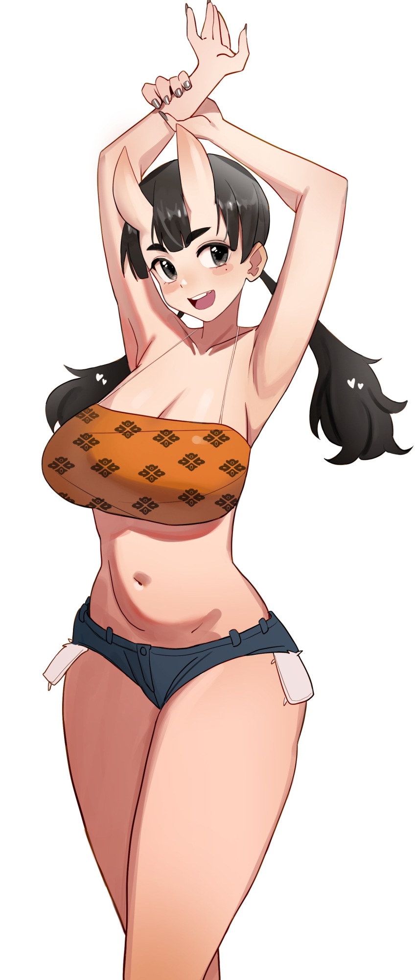 1girl :d \||/ absurdres armpits arms_up belly black_eyes black_hair blue_shorts breasts cleavage collarbone cowboy_shot dot_nose dungeon_meshi english_commentary hands_up heart highres horns inutade kiritzugu legs_together looking_to_the_side low_twintails micro_shorts mole mole_under_eye navel open_mouth shorts simple_background skin-covered_horns smile solo teeth thick_eyebrows thighs twintails upper_teeth_only white_background