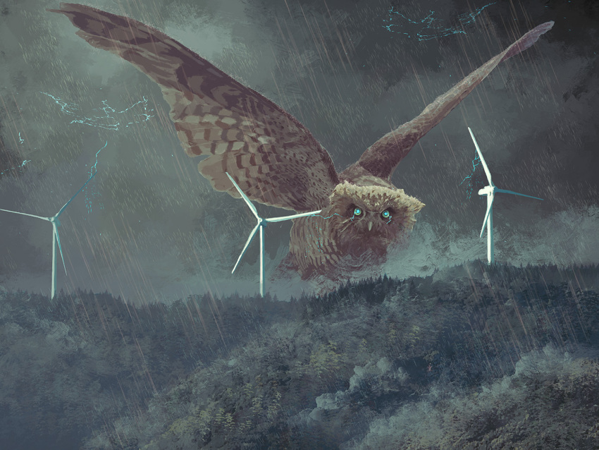 ambiguous_gender avian bird blue_eyes feral forest generator looking_at_viewer mountain owl plant raining size_difference solo storm thunder tree wings