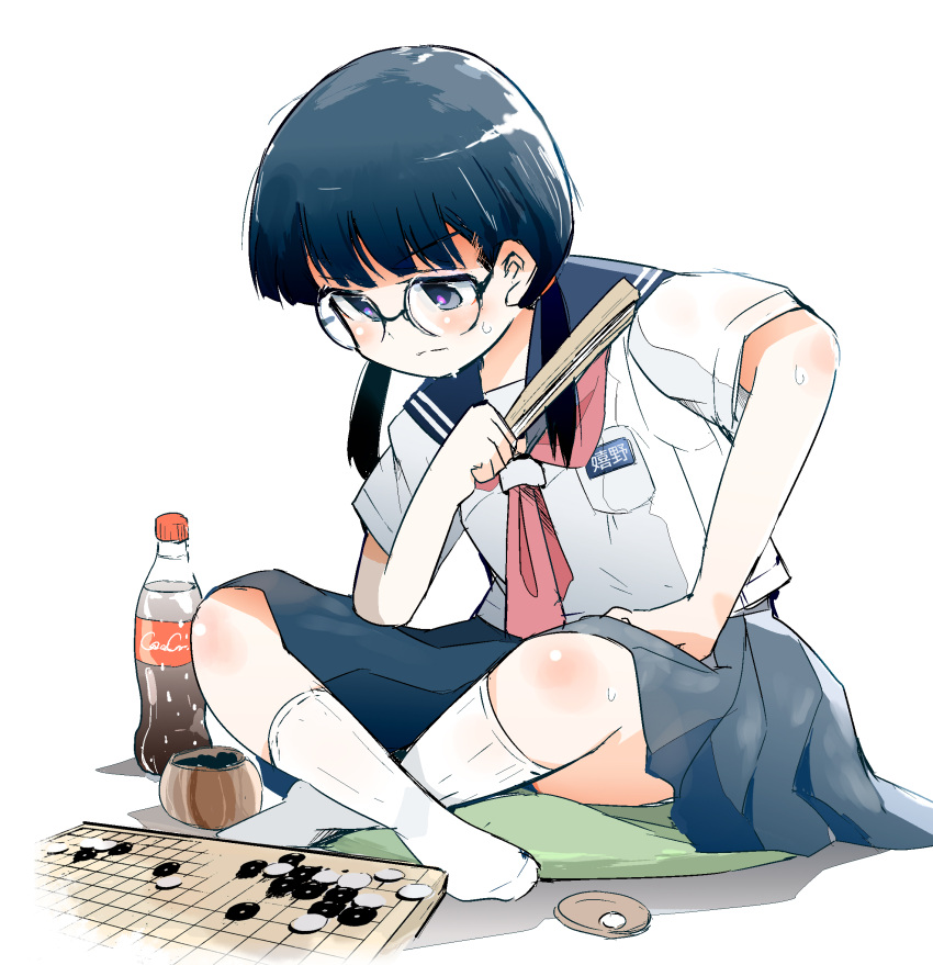 1girl black_hair board_game cola folding_fan glasses go_(board_game) grey_eyes hand_fan highres indian_style medium_hair neckerchief original school_uniform serafuku shirt sitting sketch skirt socks solo sweat twintails ushiro_hayahiro