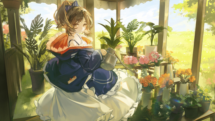 1girl animal_ears arknights blue_bow blue_jacket bow brown_eyes brown_hair dress ergouzi_echo flower fox_ears fur-trimmed_jacket fur_trim highres holding holding_watering_can jacket long_hair looking_at_viewer off_shoulder open_clothes open_jacket orange_flower outdoors pavilion perfumer_(arknights) plant ponytail potted_plant red_flower solo watering_can white_dress yellow_flower