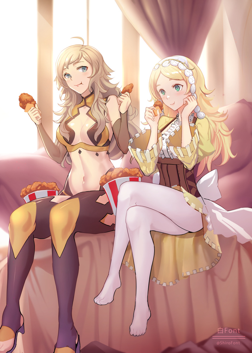 2girls absurdres ahoge asymmetrical_bangs bangs bare_shoulders blonde_hair blue_eyes bridal_gauntlets chicken_(food) chicken_leg commission commissioner_upload corset eating fire_emblem fire_emblem_awakening fire_emblem_fates food fried_chicken grandmother_and_granddaughter grey_eyes hair_down headdress highres holding holding_food kfc leather lissa_(fire_emblem) long_hair looking_at_another multiple_girls navel non-web_source ophelia_(fire_emblem) pantyhose shiro_font turtleneck