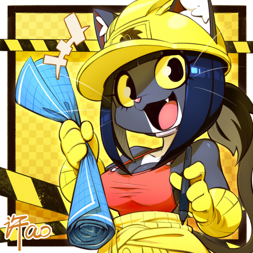 1:1 anthro armor breasts cc-by-nc-nd clothed clothing creative_commons domestic_cat felid feline felis female fingers hair hard_hat headgear helmet hi_res inner_ear_fluff lilia_(xuao) mammal open_mouth open_smile smile solo tail tuft whiskers xuao yellow_eyes