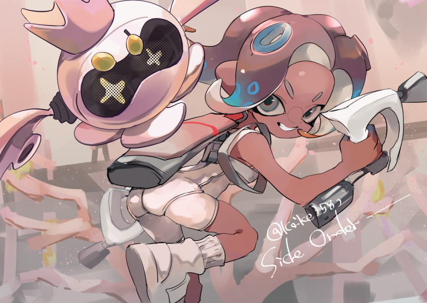 1girl agent_8_(splatoon) ass bent_over blue_hair bodysuit copyright_name coral dark-skinned_female dark_skin drone gradient_hair grey_eyes grey_hair grin holding ink_tank_(splatoon) koike3582 light_blue_hair medium_hair multicolored_hair octoling octoling_girl octoling_player_character orange_hair order_dualies_(splatoon) pearl_drone_(splatoon) ribbed_socks smile socks splatoon_(series) splatoon_3 splatoon_3:_side_order suction_cups teeth tentacle_hair twitter_username v-shaped_eyebrows white_bodysuit white_footwear white_socks