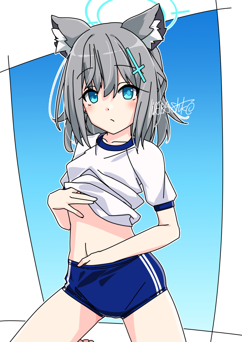 1girl absurdres animal_ears artist_name blue_archive blue_buruma blue_eyes breasts buruma clothes_lift cross cross_hair_ornament extra_ears grey_hair gym_shirt gym_uniform hair_ornament halo hand_in_buruma highres inaba_shiki inverted_cross kneeling lifted_by_self medium_breasts midriff_peek mismatched_pupils shiroko_(blue_archive) shirt shirt_lift solo t-shirt white_shirt wolf_ears