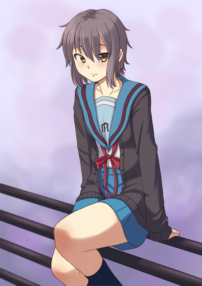 1girl black_socks blue_sailor_collar blue_skirt blush brown_cardigan brown_eyes cardigan chiizuart closed_mouth collarbone expressionless highres kita_high_school_uniform kneehighs long_sleeves nagato_yuki open_cardigan open_clothes purple_hair red_ribbon ribbon sailor_collar school_uniform serafuku short_hair sitting skirt socks solo suzumiya_haruhi_no_yuuutsu winter_uniform