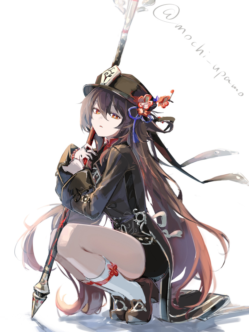 1girl absurdres black_hat black_shorts brown_coat brown_footwear brown_hair coat commentary_request flower flower-shaped_pupils genshin_impact hair_between_eyes hat highres holding holding_polearm holding_weapon hu_tao_(genshin_impact) jewelry long_hair long_sleeves looking_at_viewer mochi_upamo multiple_rings plum_blossoms polearm porkpie_hat red_flower ring shadow shorts simple_background socks solo spear squatting symbol-shaped_pupils twitter_username very_long_hair weapon white_background white_socks