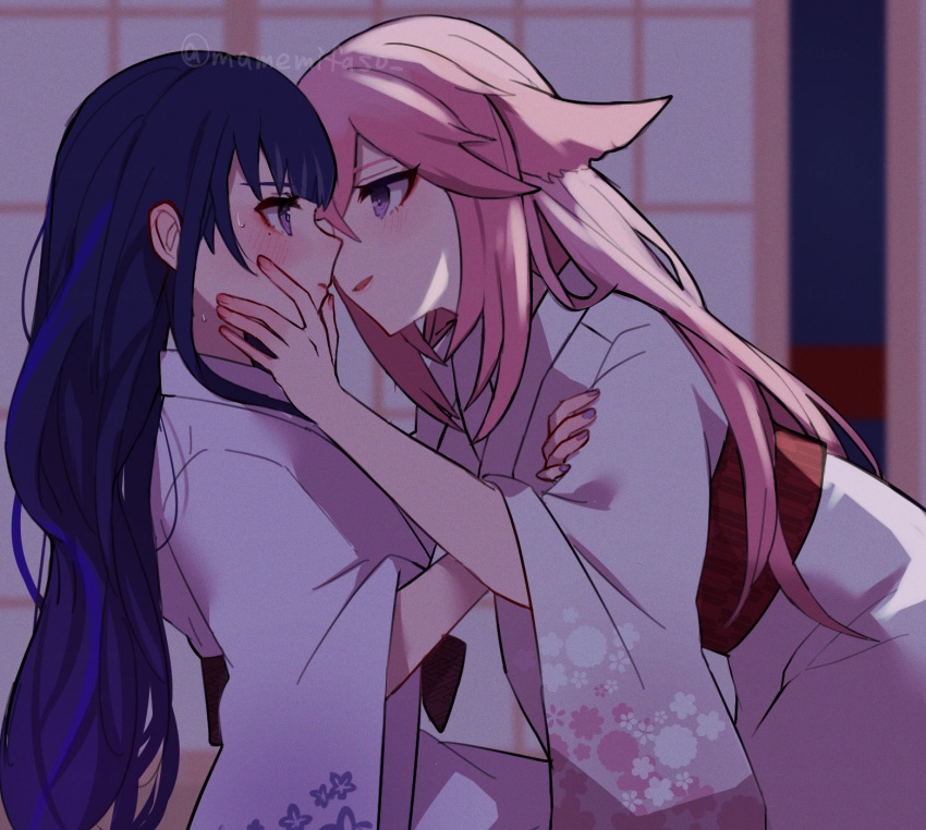 2girls animal_ears arm_up blunt_bangs blush dark_background ear_blush face-to-face from_side genshin_impact hair_between_eyes hair_down hand_on_another's_cheek hand_on_another's_face hand_on_another's_shoulder highres indoors japanese_clothes leaning_forward light_blush long_hair looking_back mano_(m1n0f2e1) mole mole_under_eye multiple_girls open_mouth pink_hair purple_eyes purple_hair raiden_shogun shouji sliding_doors sweat yae_miko yuri