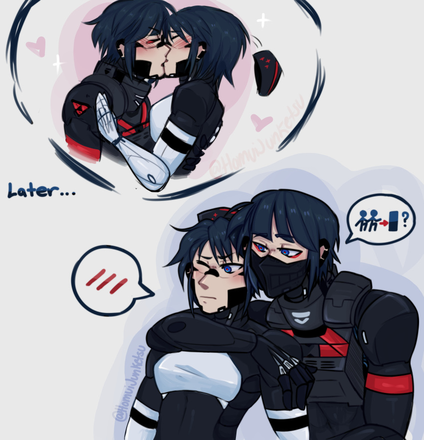 2girls absurdres android black_hair blue_eyes blush closed_eyes couple embarrassed eule_(signalis) french_kiss height_difference highres homuijunketsu humanoid_robot kiss mechanical_parts multiple_girls robot robot_girl signalis star_(signalis) tall_female yuri
