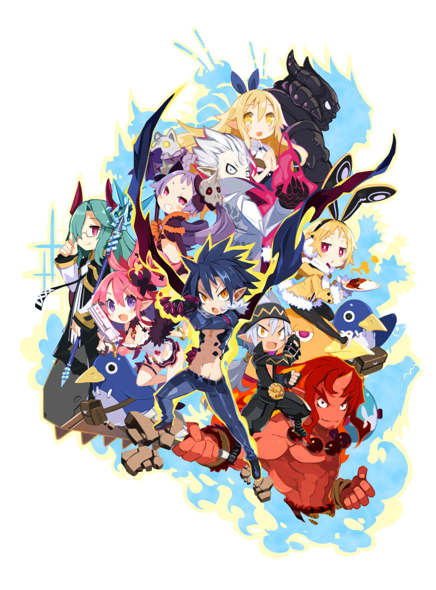 4girls 6+boys :o absurdres adjusting_eyewear animal_ears armor black_hair black_pantyhose blonde_hair bloodis_(disgaea) boots breasts bright_pupils christo_(disgaea) cleavage club_(weapon) colored_skin constricted_pupils curry disgaea earrings fake_animal_ears fang food full_armor fur_trim gloves green_hair grey_hair grin gun handgun headband headphones highres holding holding_club holding_gun holding_plate holding_spoon holding_staff holding_wand holding_weapon horns jewelry jitome killia_(disgaea) liezerota_(disgaea) long_hair long_sleeves looking_at_viewer majorita_(disgaea) makai_senki_disgaea_5 miniskirt multiple_boys multiple_girls muscular muscular_male necktie no_pupils non-web_source official_art open_mouth pantyhose photoshop_(medium) pink_hair plate prinny purple_eyes purple_hair rabbit_ears rabbit_tail rectangular_eyewear red_eyes red_hair red_magnus red_skin revolver rice scar seraphina_(disgaea) short_hair short_necktie single_horn skin_fang skirt smile spoon staff tail thigh_strap twintails updo usalia_(disgaea) void_dark_(disgaea) wand weapon white_hair yellow_eyes zeroken_(disgaea)