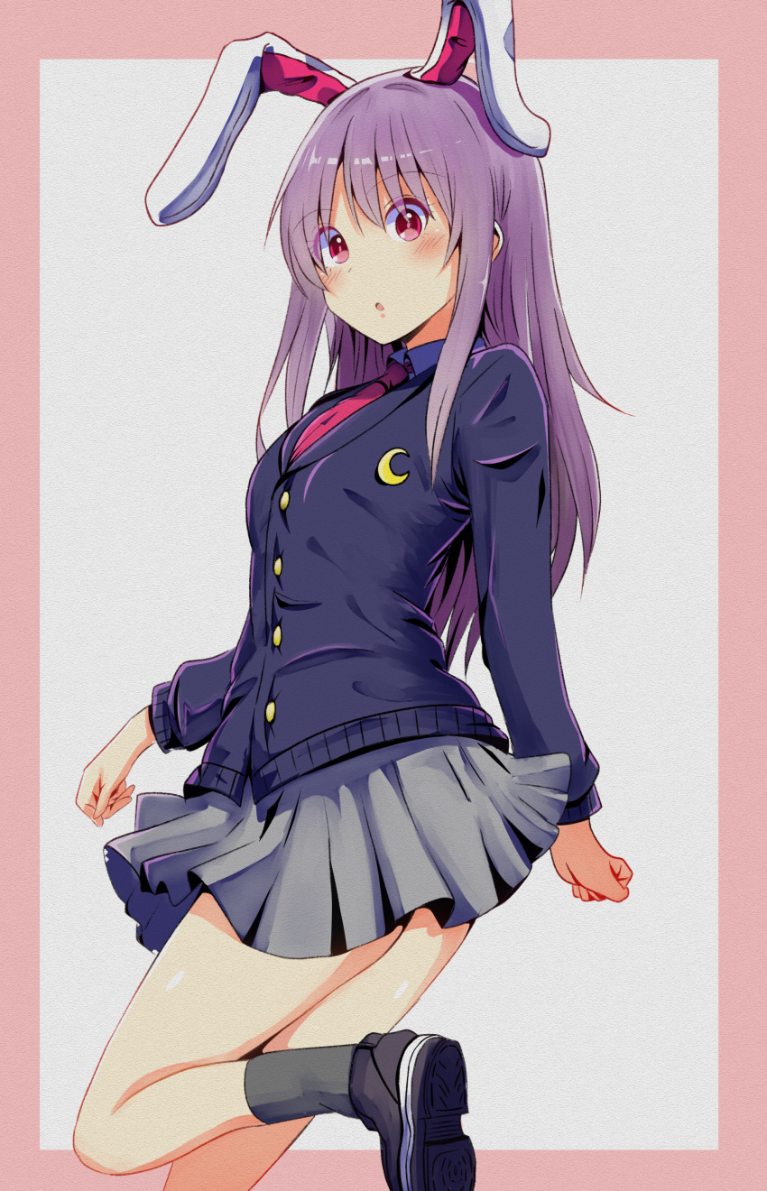 1girl :o absurdres animal_ears black_cardigan black_footwear blush border buttons cardigan commentary_request crescent eyes_visible_through_hair foot_out_of_frame grey_background grey_skirt grey_socks highres kneehighs kyanta5354 leg_up long_hair long_sleeves looking_at_viewer miniskirt necktie outside_border parted_lips partial_commentary pink_border pink_eyes pink_necktie purple_hair rabbit_ears rabbit_girl reisen_udongein_inaba shoe_soles shoes skirt socks solo standing standing_on_one_leg touhou