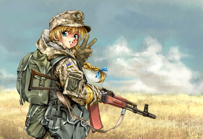 1girl ak-74 assault_rifle backpack bag blonde_hair blue_eyes braid camouflage camouflage_headwear camouflage_jacket cloud day field gloves green_gloves green_headwear green_jacket gun hat highres holding holding_gun holding_weapon hood hooded_jacket jacket kalashnikov_rifle long_braid long_hair long_sleeves longmei_er_de_tuzi magazine_(weapon) military military_uniform original outdoors rifle russo-ukrainian_war single_braid solo symbol-only_commentary tactical_clothes ukraine uniform v weapon