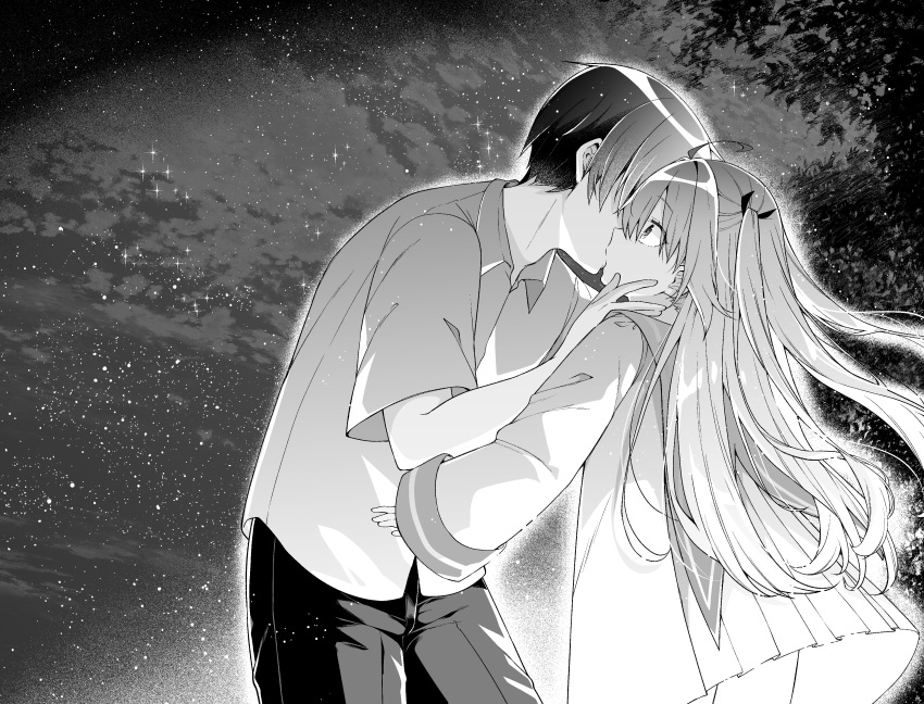 1boy 1girl absurdres ahoge atri atri-my_dear_moments- cloud cloudy_sky collared_shirt commentary_request dress dress_shirt faceless faceless_male greyscale hair_between_eyes hair_ribbon hetero highres jako_(jakoo21) kiss long_hair long_sleeves monochrome night night_sky outdoors pants pleated_dress ribbon sailor_dress shirt sky sleeves_past_wrists star_(sky) starry_sky two_side_up very_long_hair wide_sleeves