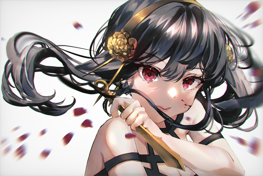 1girl bare_arms black_hair blood blood_on_face blood_splatter floating_hair hair_between_eyes hairband highres holding holding_weapon motion_blur pinapo_25 portrait red_eyes short_hair_with_long_locks sidelocks solo spy_x_family weapon yellow_hairband yor_briar