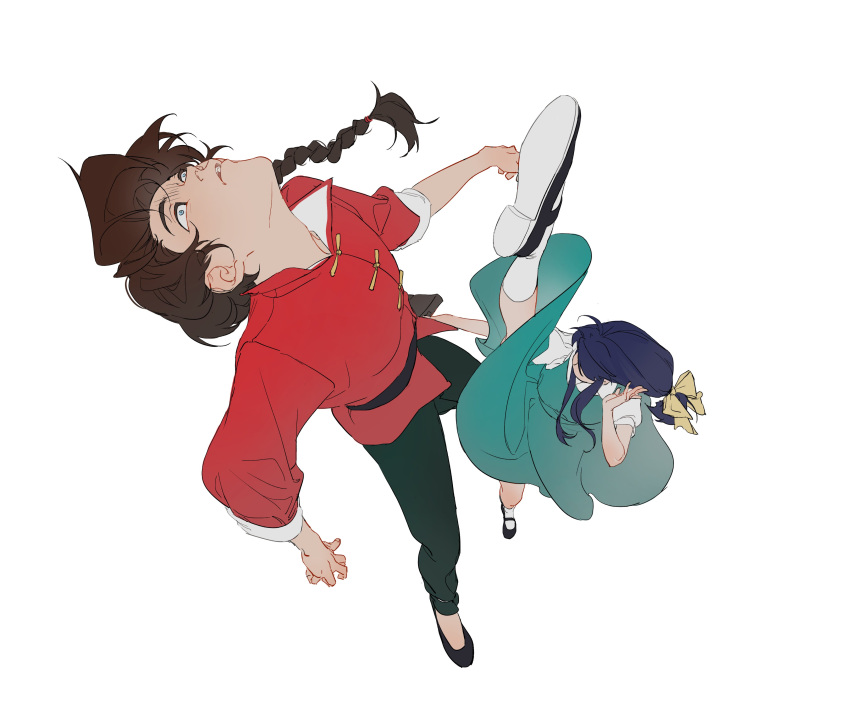 1boy 1girl absurdres black_footwear bow braid braided_ponytail fuurinkan_high_school_uniform hair_bow highres kicking ranma_1/2 saotome_ranma school_uniform simple_background socks tendou_akane white_background white_socks yellow_bow yuigacyako