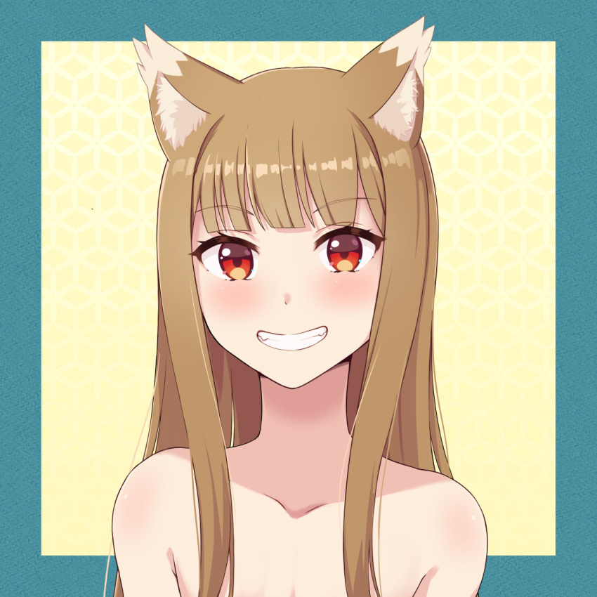 1girl animal_ear_fluff animal_ears aqua_border bare_shoulders blunt_bangs blush border bright_pupils brown_hair close-up collarbone commentary eyelashes fangs grin happy holo long_hair looking_at_viewer red_eyes sidelocks simple_background smile solo spice_and_wolf straight_hair tsurime umibato wolf_ears wolf_girl yellow_background