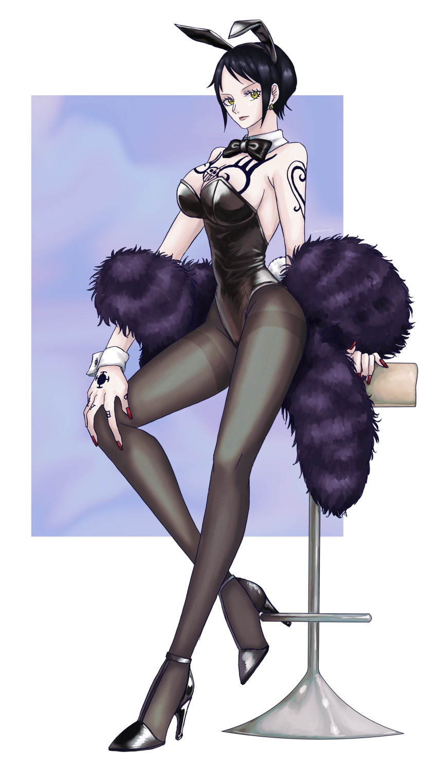 1girl absurdres animal_ears bare_shoulders black_bow black_bowtie black_hair black_leotard bow bowtie breasts brown_pantyhose buttons chair cleavage closed_mouth coat detached_collar earrings fake_animal_ears fake_tail finger_tattoo fingernails full_body fur_coat genderswap genderswap_(mtf) hand_tattoo high_heels highleg highleg_leotard highres jewelry large_breasts leotard looking_at_viewer namnam_op one_piece pantyhose playboy_bunny rabbit_ears rabbit_tail red_nails short_hair shoulder_tattoo sitting solo stool strapless strapless_leotard tail tattoo thighs trafalgar_law wrist_cuffs yellow_eyes