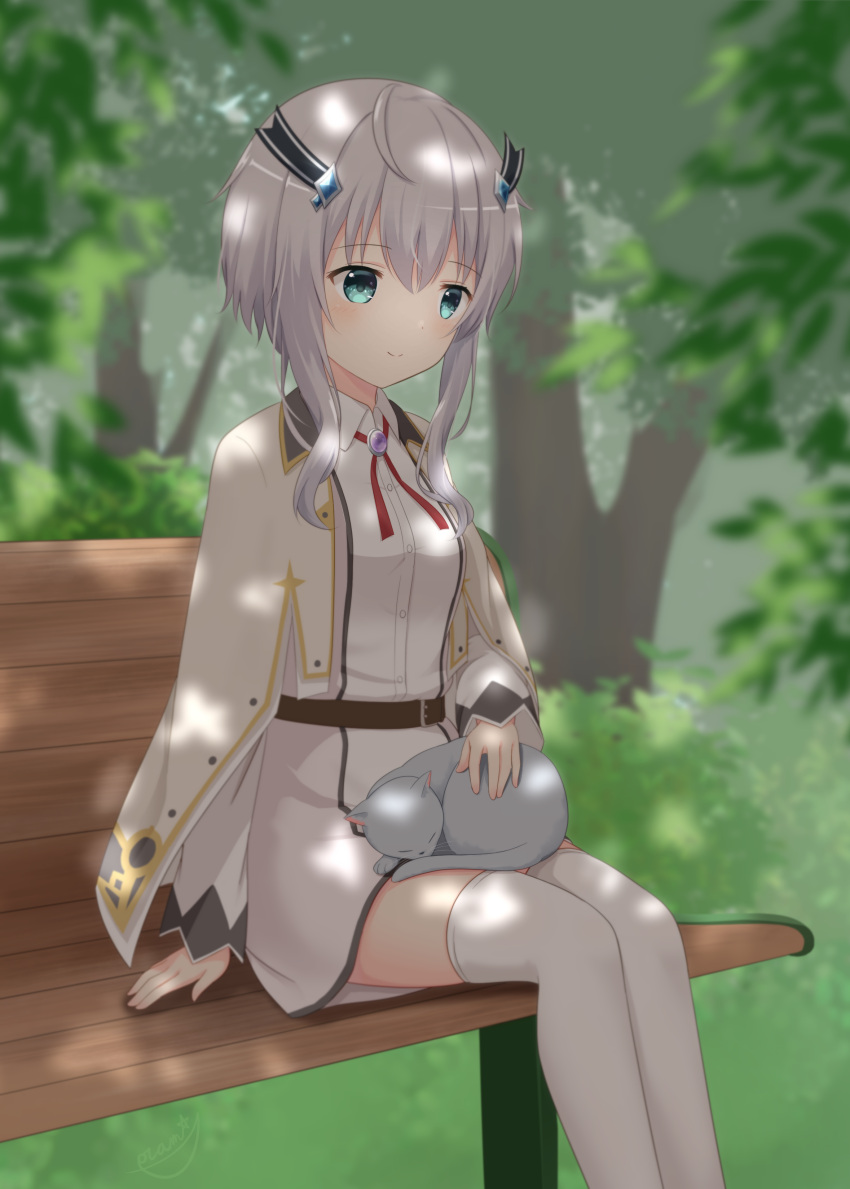 1girl absurdres animal_on_lap bench blue_eyes blurry blurry_background blurry_foreground bolo_tie breasts cat cat_on_lap collared_dress collared_robe dappled_sunlight depth_of_field diamond_hair_ornament dress grey_cat grey_hair hand_on_bench hand_rest highres looking_at_animal maou_gakuin_no_futekigousha medium_breasts misha_necron on_bench on_lap red_ribbon ribbon short_dress short_hair_with_long_locks sidelocks sitting smile solo split_mouth sunlight thighhighs tree white_dress white_thighhighs wooden_bench yutuki_ame