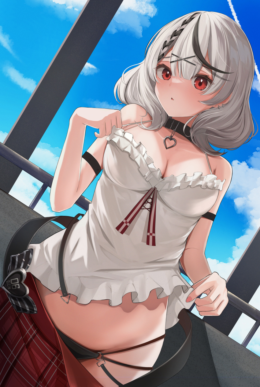 1girl absurdres black_collar black_hair black_panties blue_sky breasts camisole cleavage cloud collar frilled_camisole frills grey_hair hair_ornament heart_collar highres hololive kinuta_racoon large_breasts looking_at_viewer multicolored_hair panties pendant_collar plaid plaid_vest red_eyes red_skirt sakamata_chloe skirt sky solo streaked_hair two-tone_hair underwear vest virtual_youtuber white_camisole x_hair_ornament