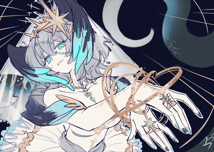 1girl aqua_eyes aqua_nails arknights bare_shoulders black_nails blue_eyes breasts chinese_commentary cleavage commentary dress grey_hair hair_ornament head_wings highres ho'olheyak_(arknights) jewelry kaleka looking_at_viewer medium_hair necklace ring shawl solo white_dress wings